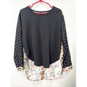 Maeve Anthropologie Top Sz S Black‎ Floral Polka Dot Mixed Media Eclectic Boho